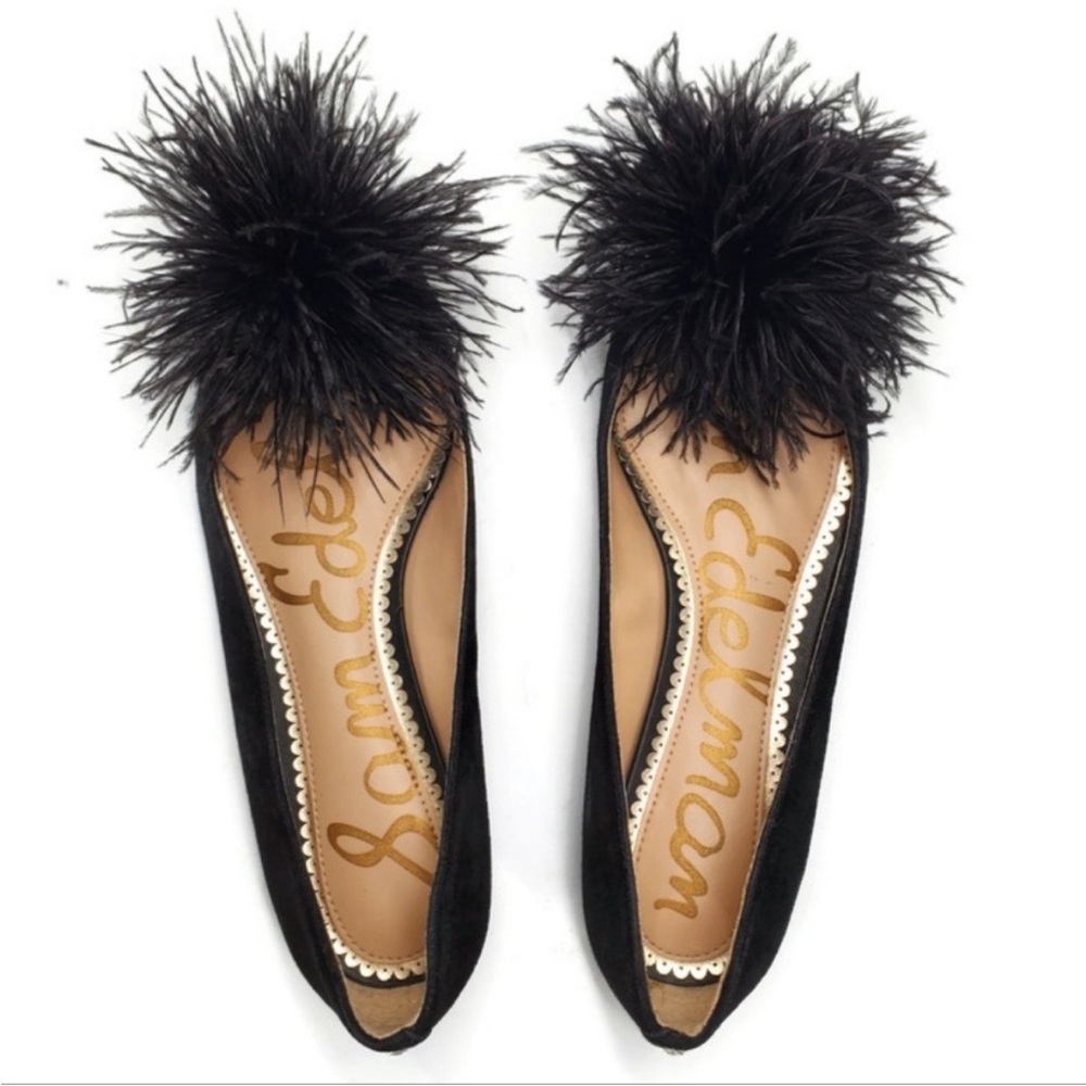 Sam Edelman Reina Black Suede Pointed-Toe Black Feather Puff Ballet Flats